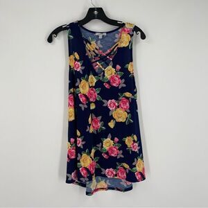 White Birch Women’s Caged V Neck Floral Mini Tunic Dress Size L Sleeveless